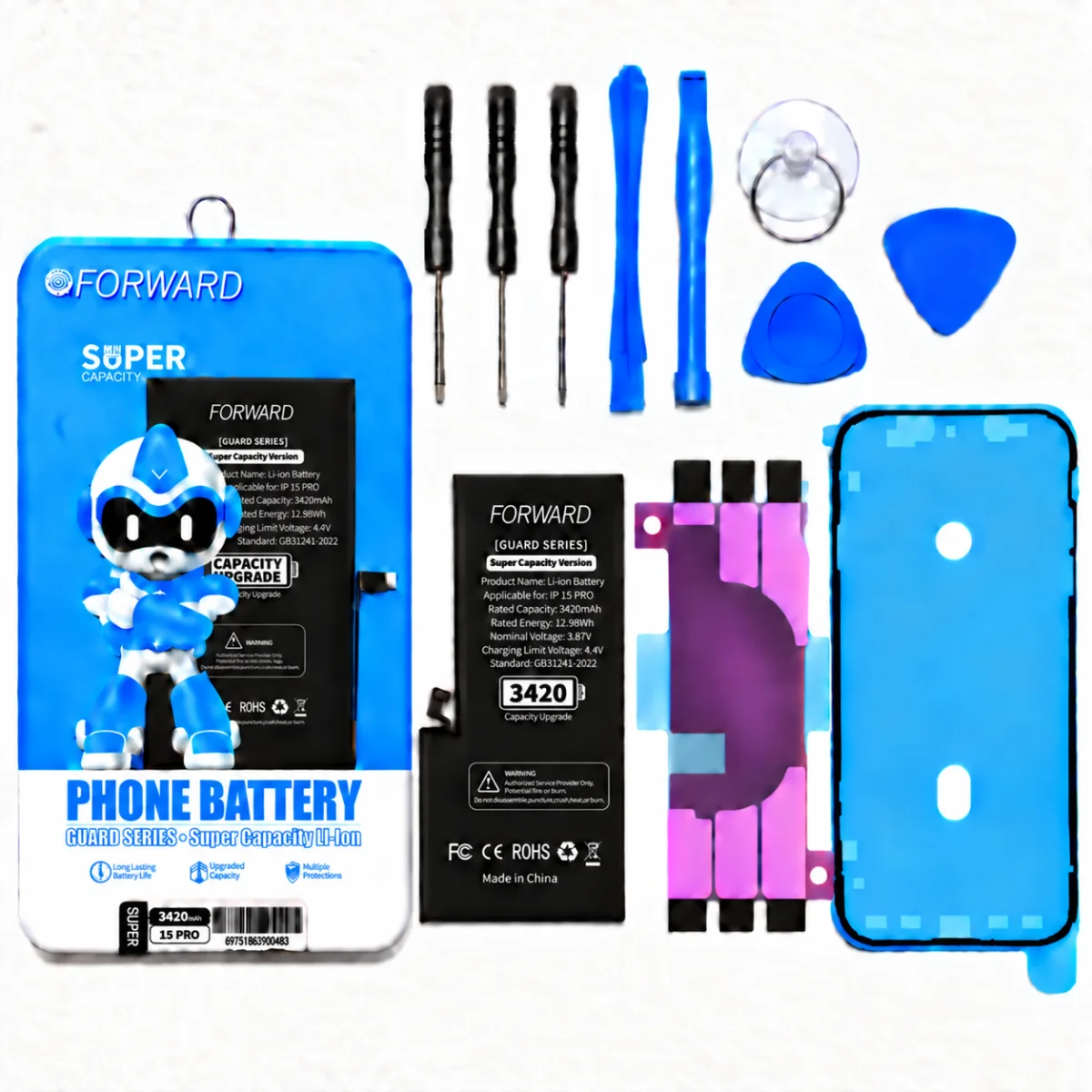 iPhone 15 Pro Batarya - Forward 3420 mAh Güçlendirilmiş Pil ve Tamir Seti